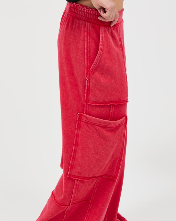 Mineral Wash Wide Leg Cargo Pants - RED