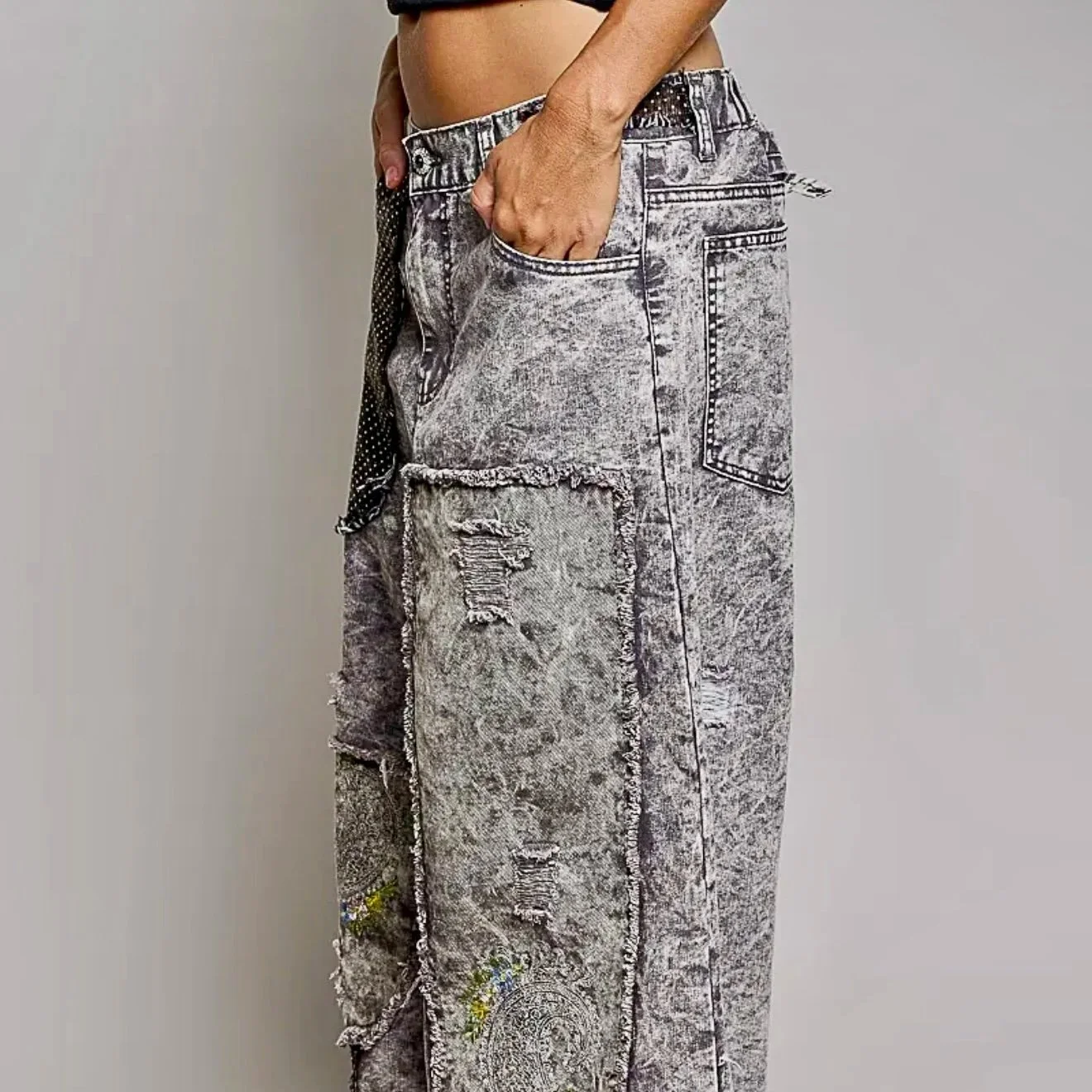 POL - Color Blocked Twill Back Elastic Band High Rise Wide Pants
