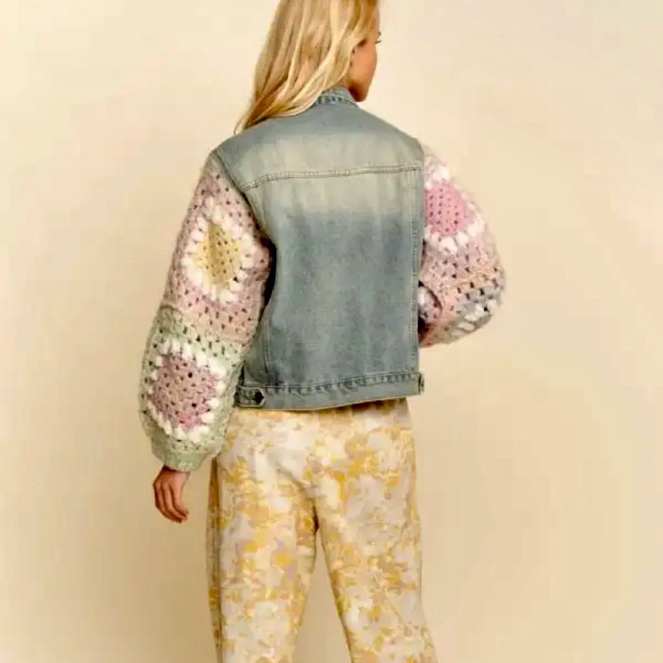 DAVI & DANI - Crochet Granny Square Sleeve Denim Jacket