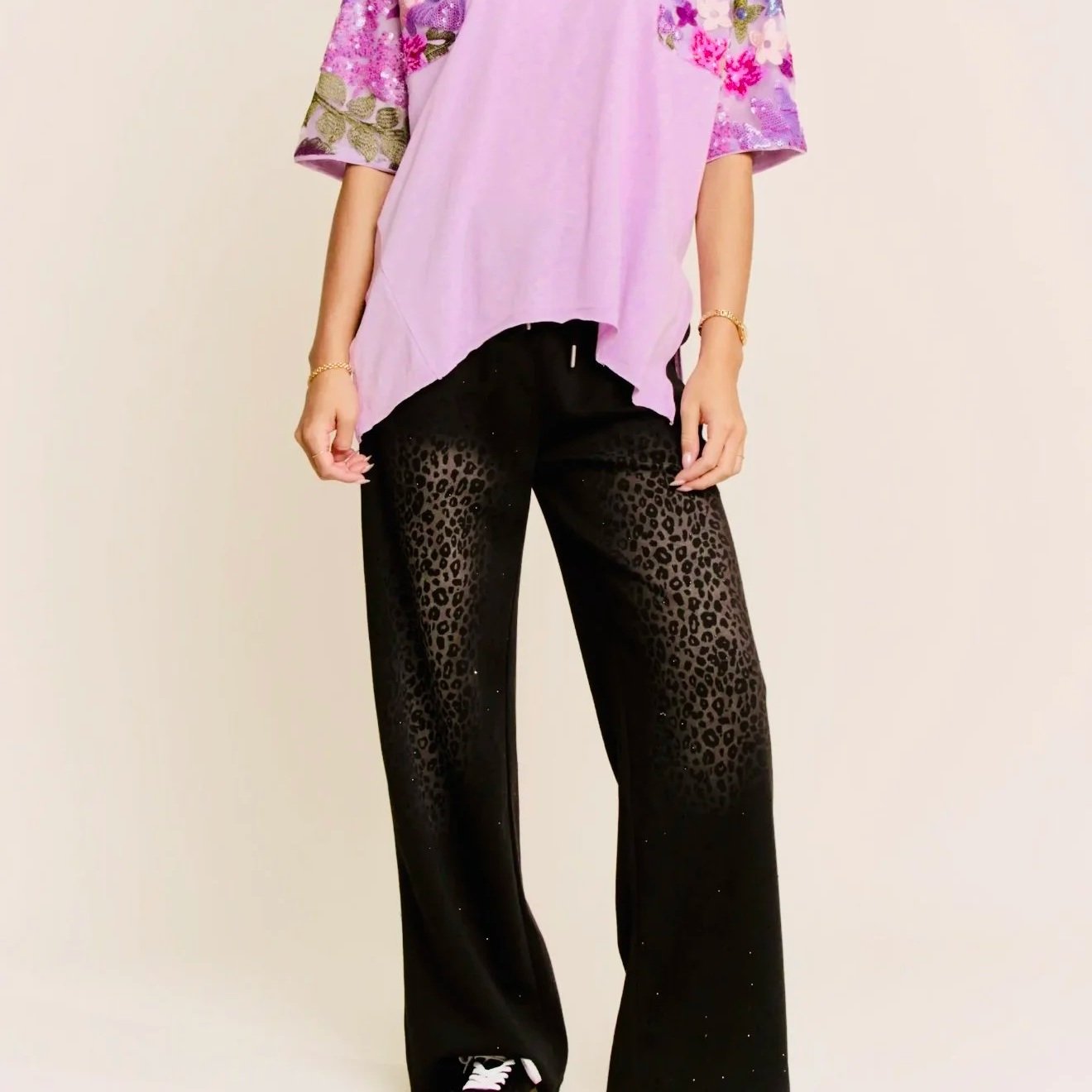 DAVI & DANI - Leopard Studded Ombre Knit Wide-Leg Pants