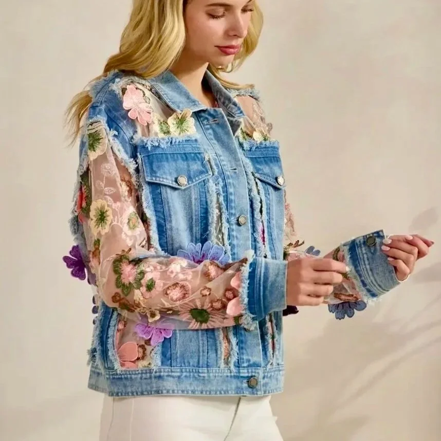 Veveret - Denim Jacket with Floral Organza Inset