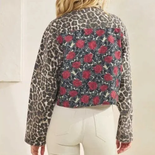 Veveret - Leopard & Rose Denim Jacket With Floral Contrast