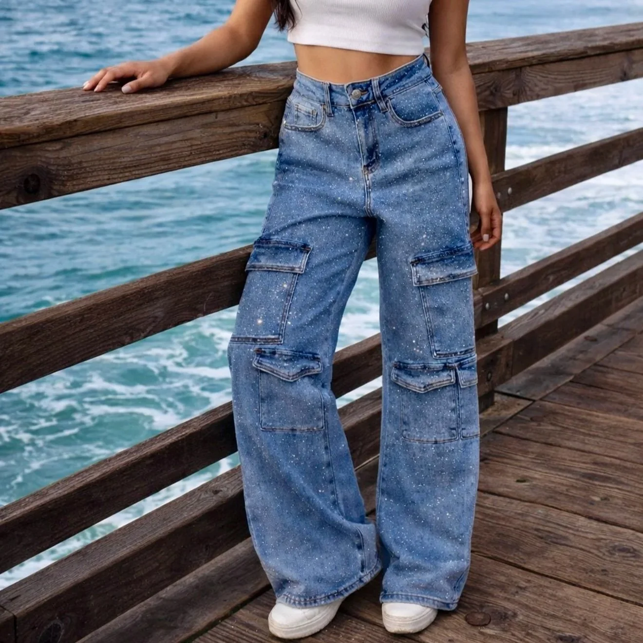 Nina Rossi Jeans - Full Stone Embellished Cargo Denim Pants
