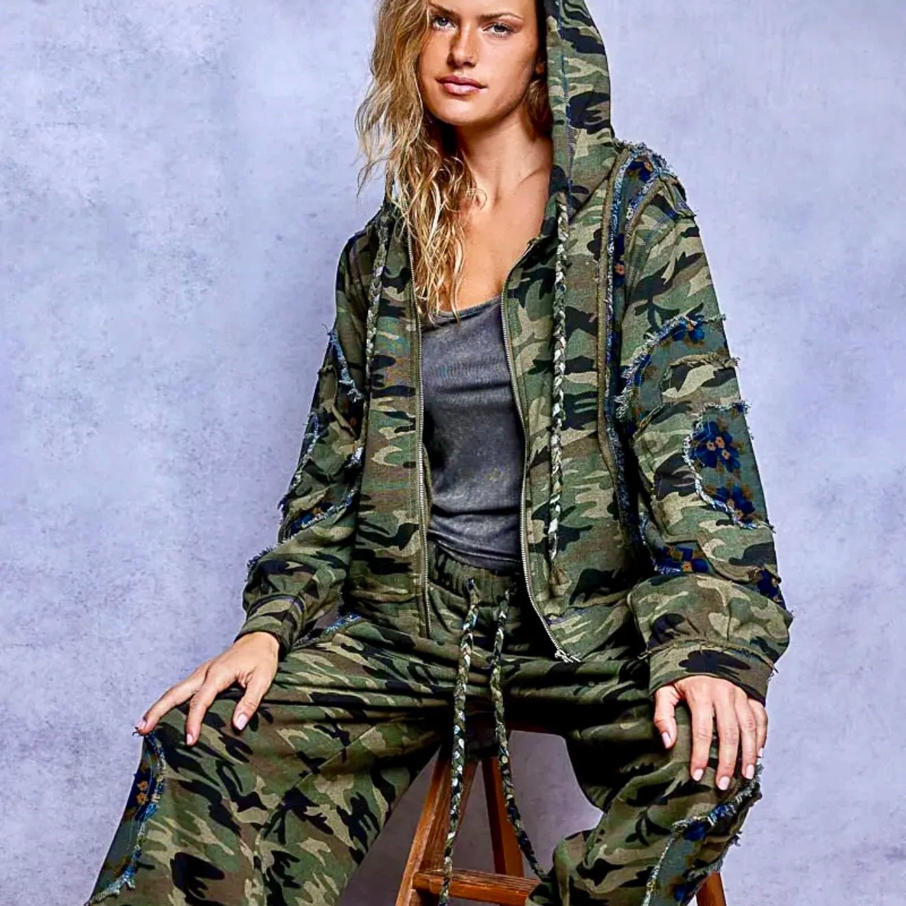 POL - Vintage Camouflage Floral Patchwork Zip Hoodie & Frayed Wide Leg Pants Set