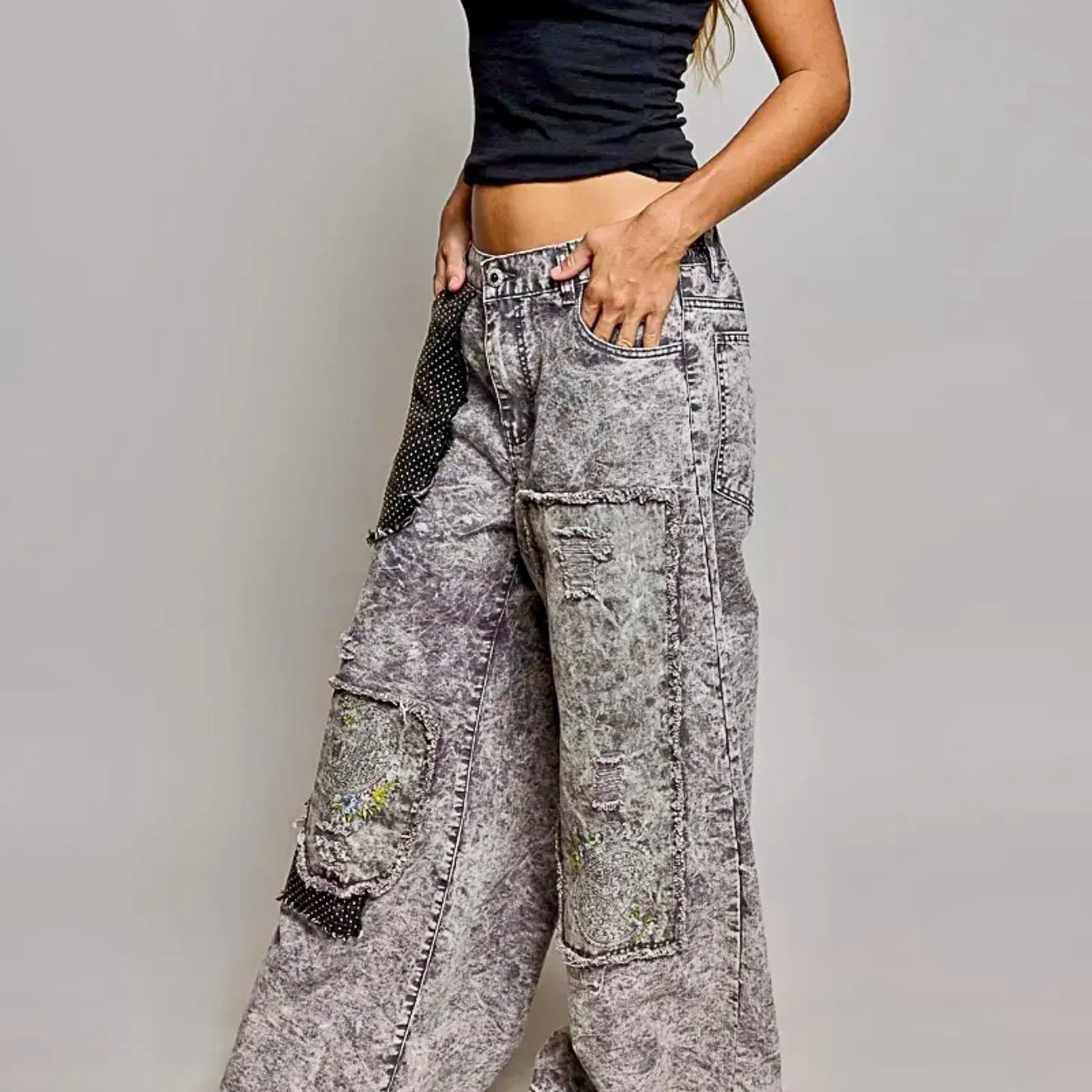 POL - Color Blocked Twill Back Elastic Band High Rise Wide Pants