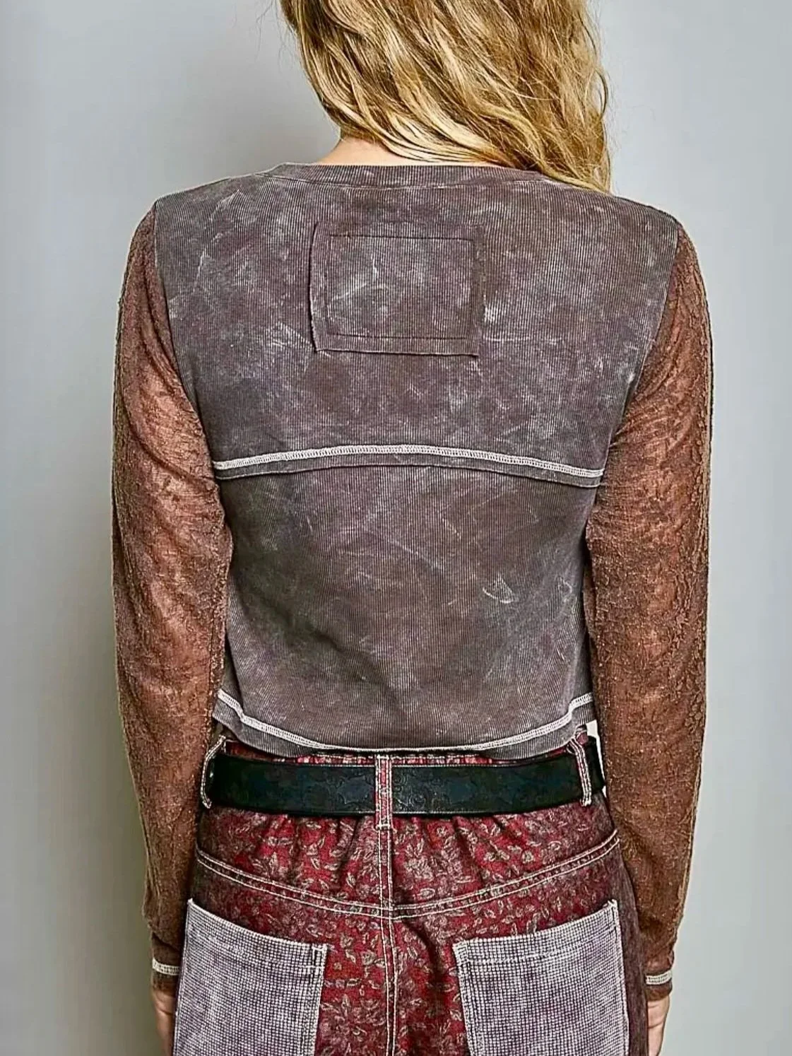 POL - Semi-Sheer Textured Lace Vintage-Wash Crop Rib Knit Top