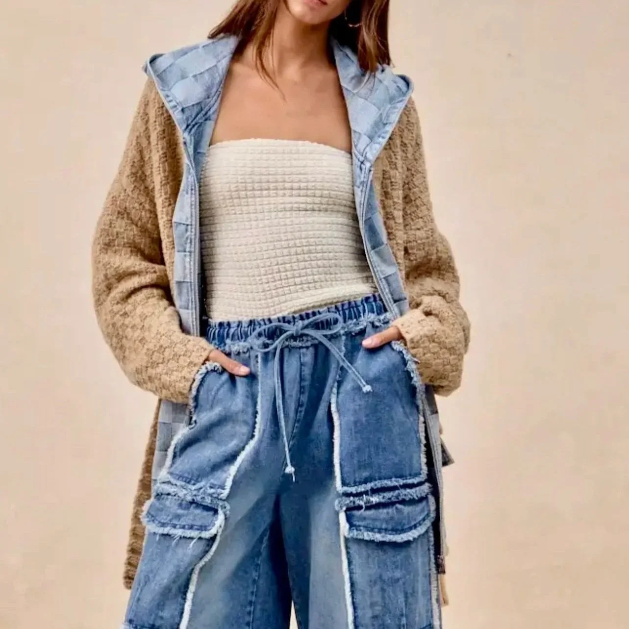 BiBi - Washed Checker Denim Zip Up Cardigan