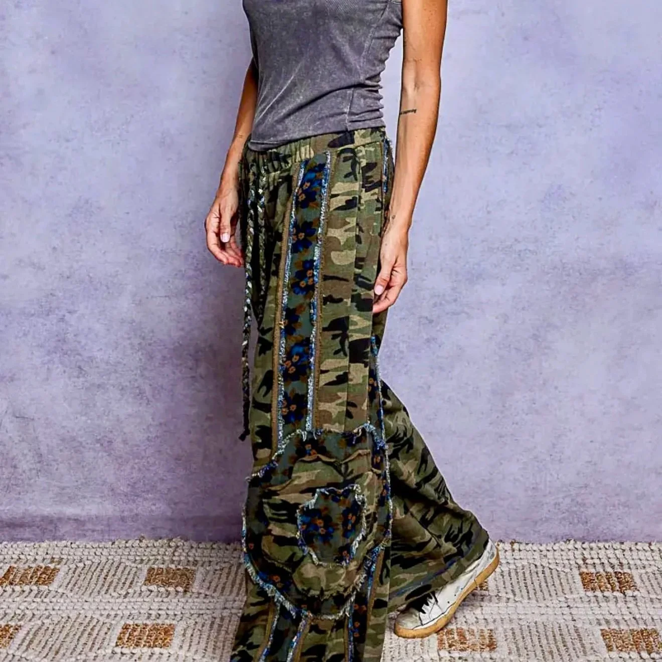 POL - Vintage Camouflage Floral Patchwork Zip Hoodie & Frayed Wide Leg Pants Set