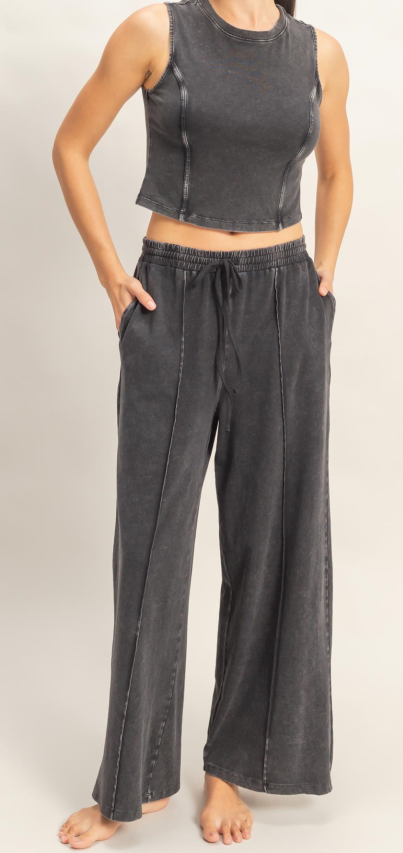 Mineral Washed Sleeveless Top & Wide Leg Pants Set - BLACK