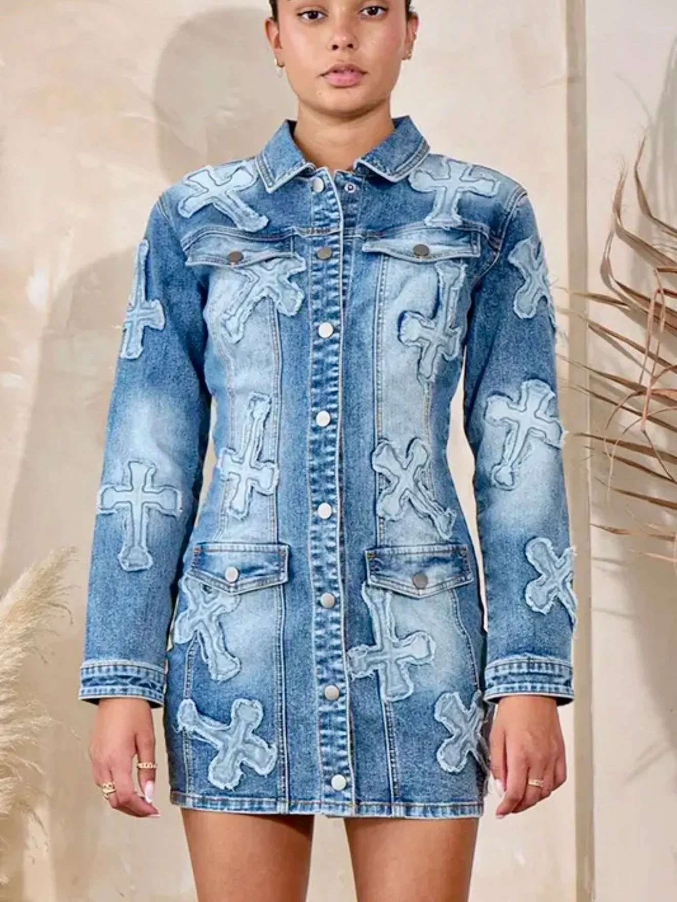 Rehab Lab - Cross Stitch Distressed Denim Mini Dress