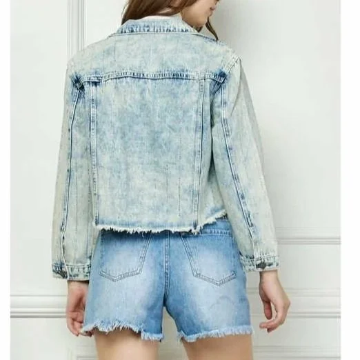 Veveret - Striped Rhinestone Distressed Denim Jacket