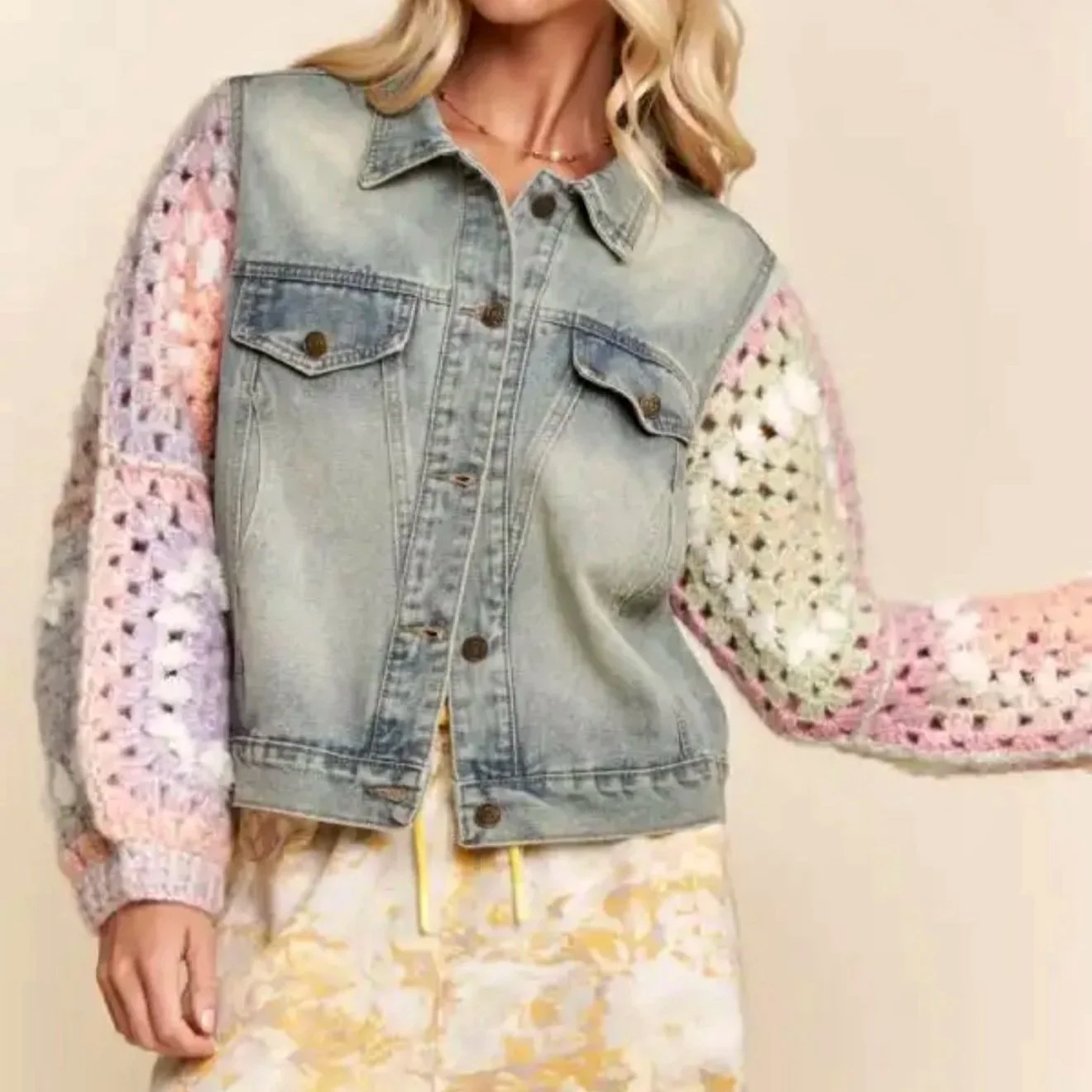 DAVI & DANI - Crochet Granny Square Sleeve Denim Jacket