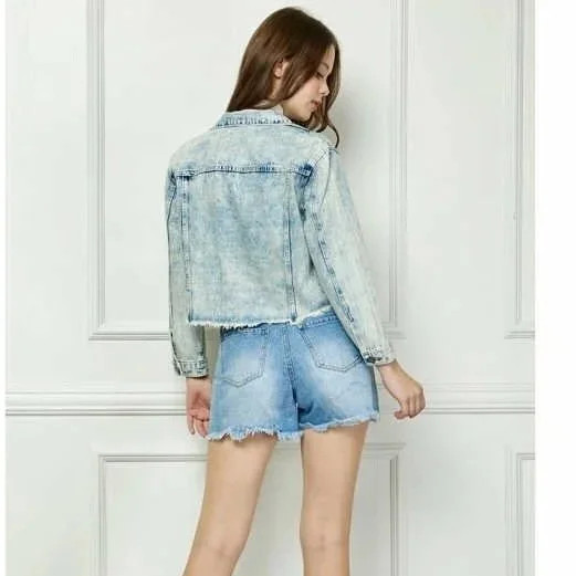Veveret - Striped Rhinestone Distressed Denim Jacket