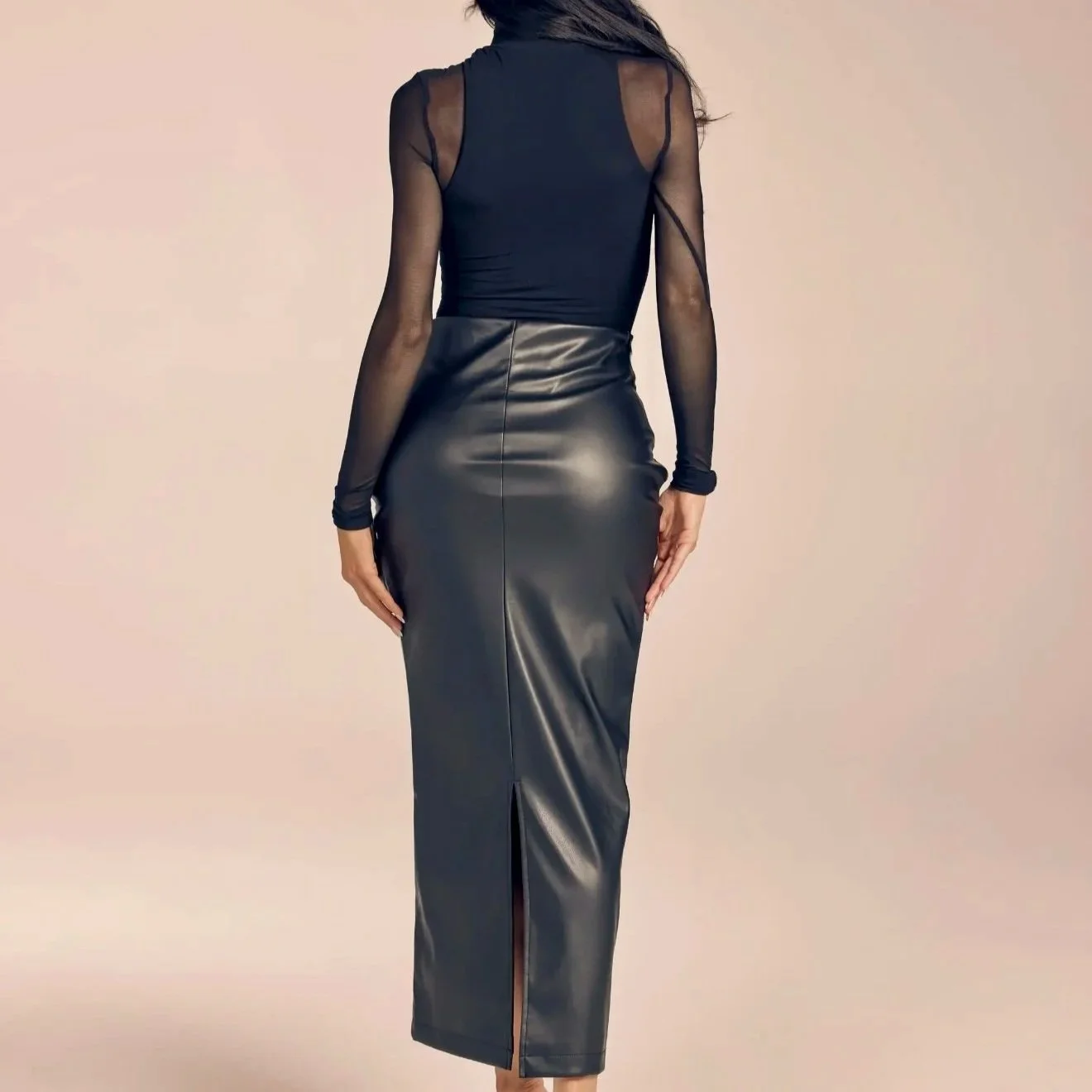WFFS - Mesh Long Sleeve Top and Faux Leather Ruched Maxi Skirt Set