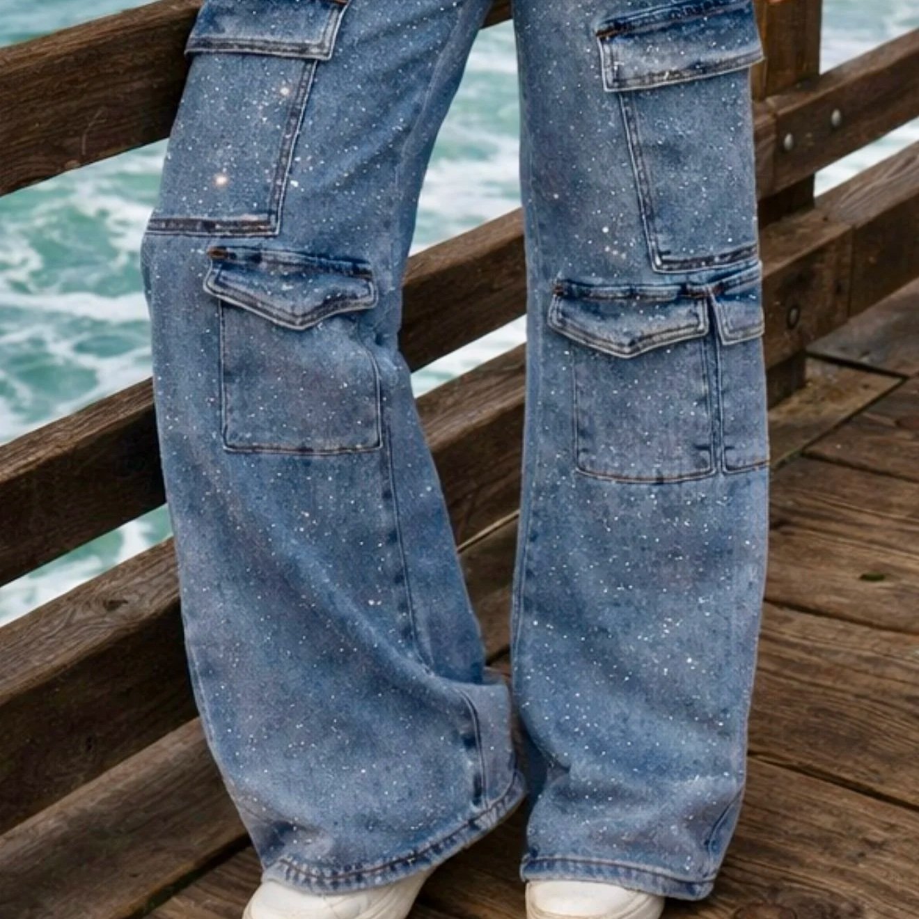 Nina Rossi Jeans - Full Stone Embellished Cargo Denim Pants