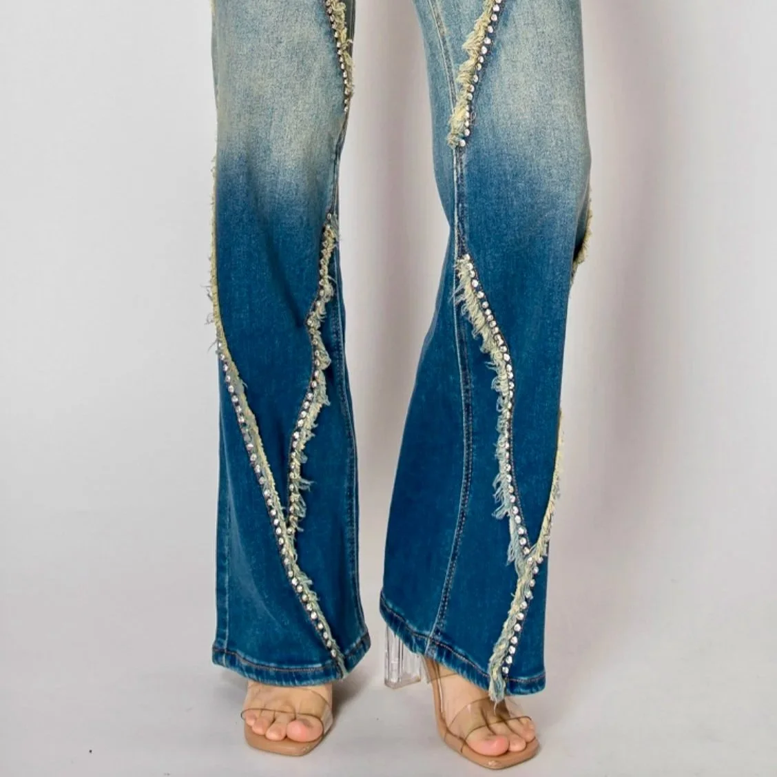 Nina Rossi Jeans - Embellished Nailhead Acid Wash Jeans