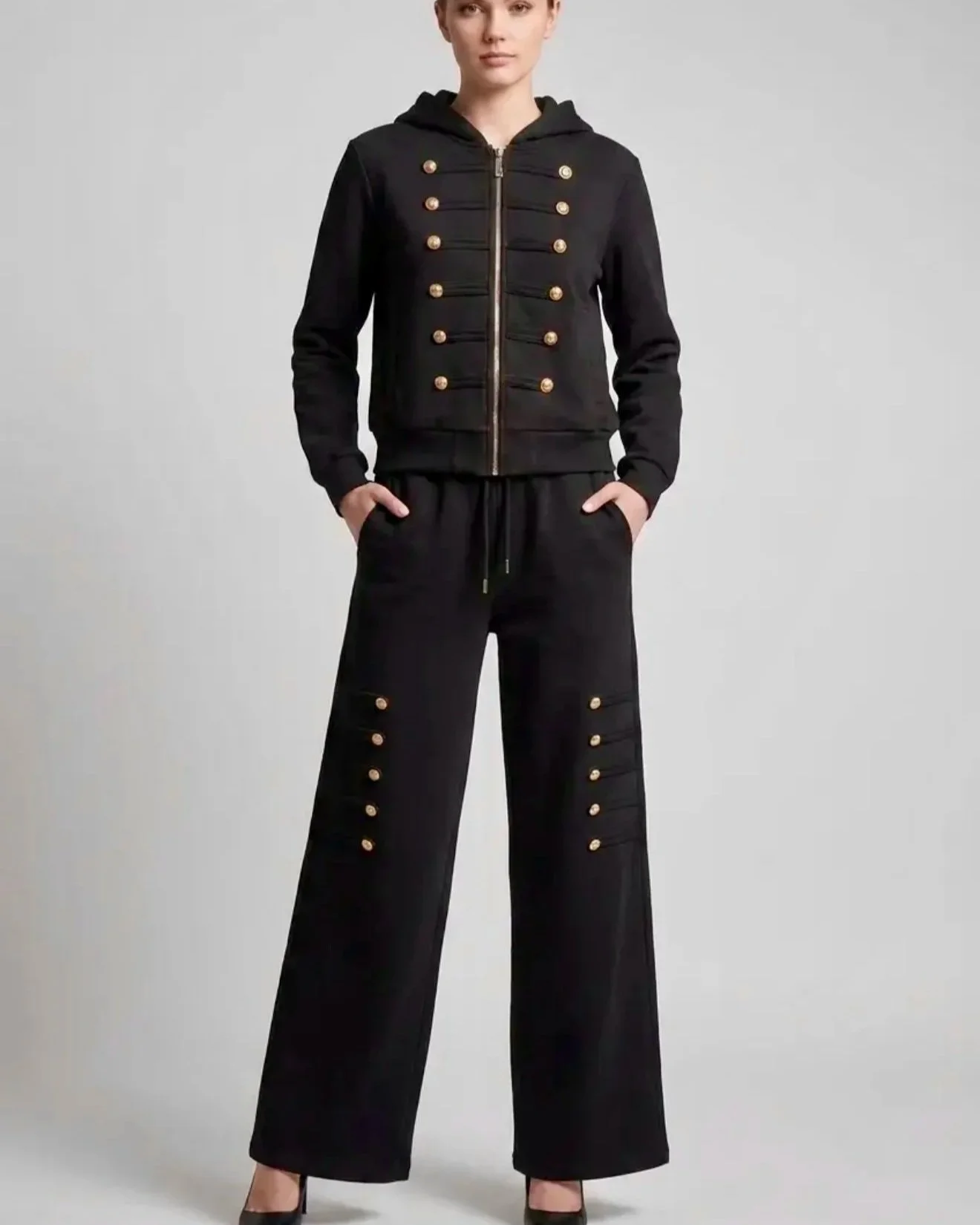 Military Detail Hooded Lounge Set - BLACK