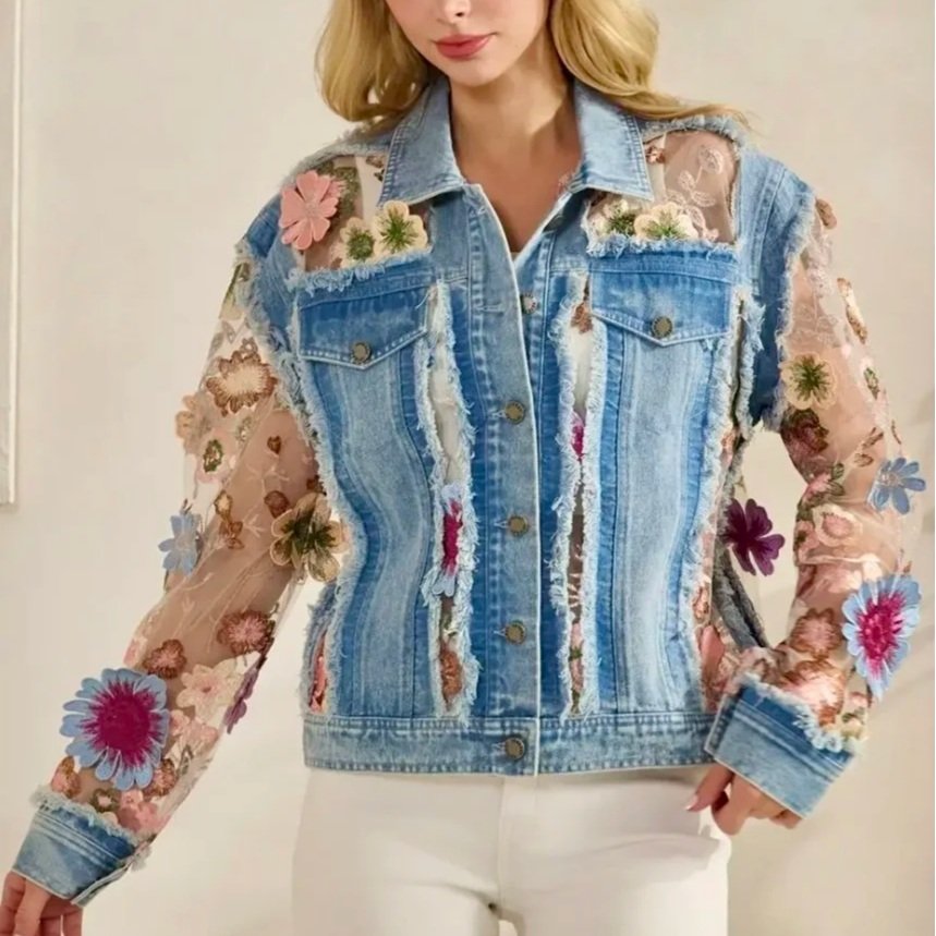 Veveret - Denim Jacket with Floral Organza Inset