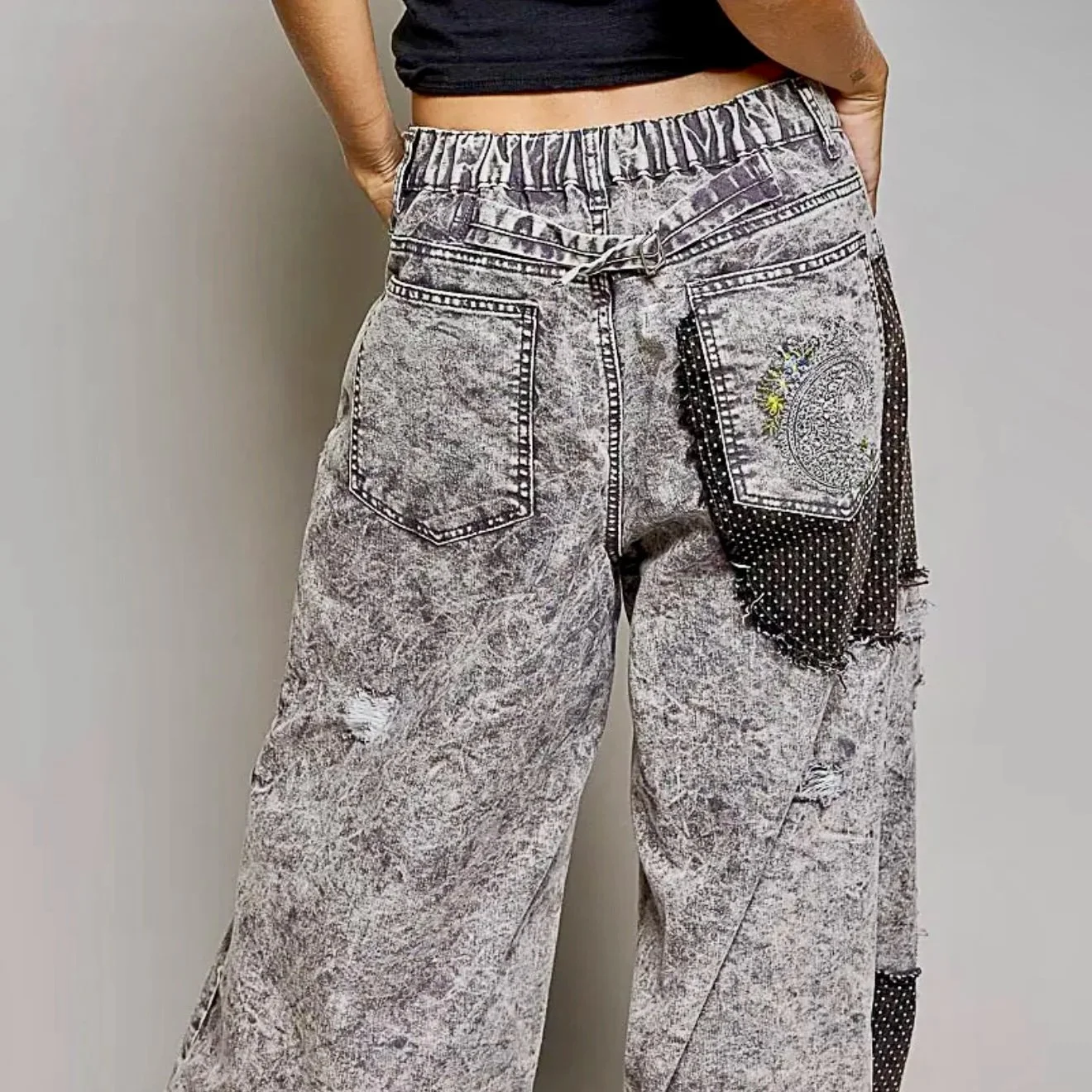 POL - Color Blocked Twill Back Elastic Band High Rise Wide Pants