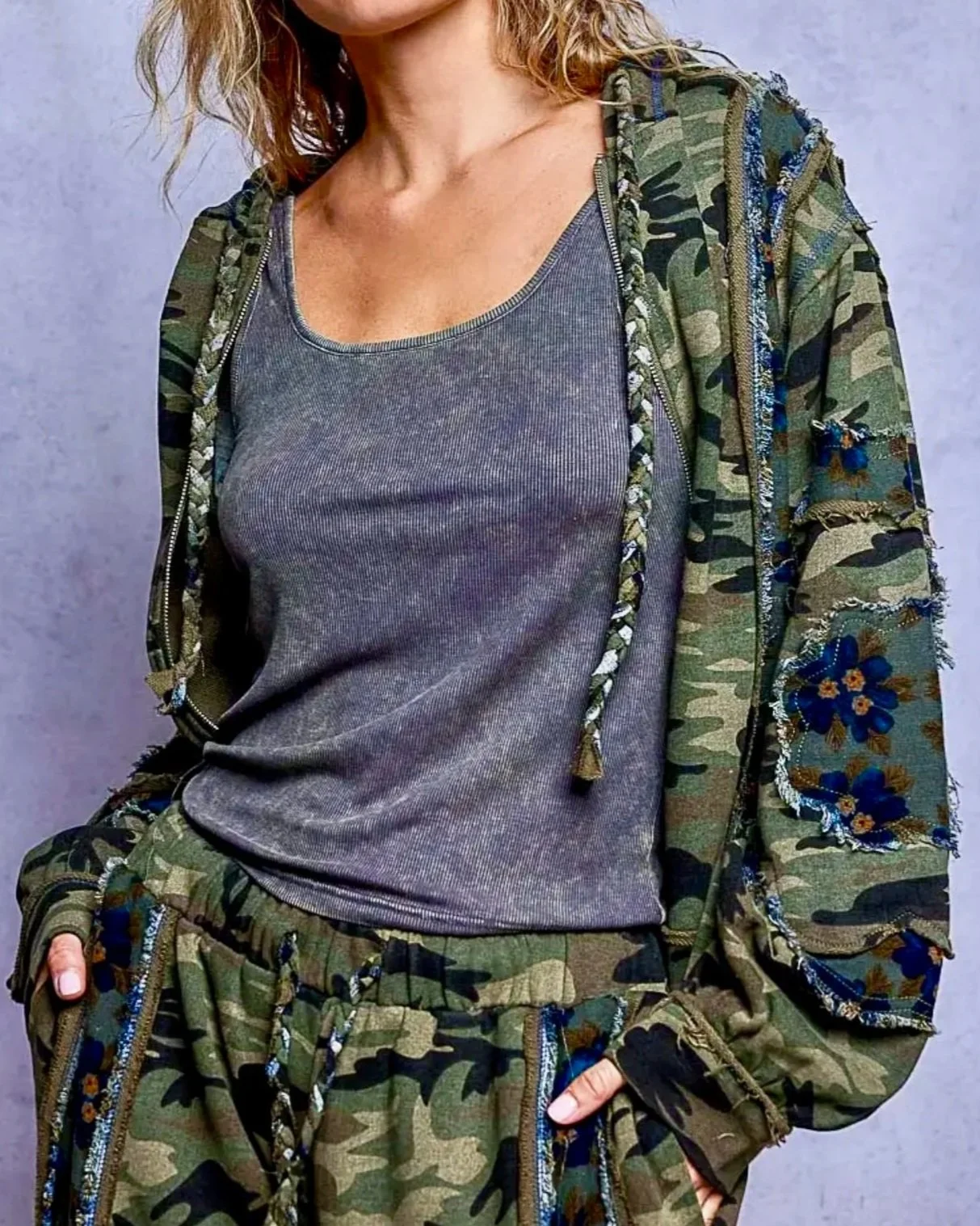 POL - Vintage Camouflage Floral Patchwork Zip Hoodie & Frayed Wide Leg Pants Set