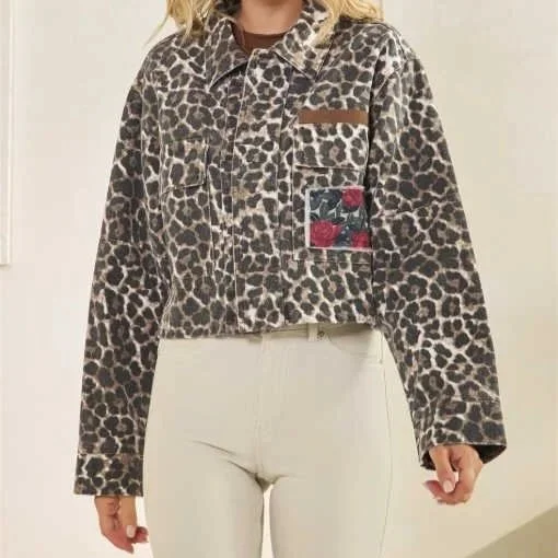 Veveret - Leopard & Rose Denim Jacket With Floral Contrast