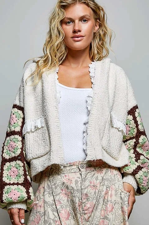 Granny Square Crochet Sleeve Berber Knit Hooded Cardigan