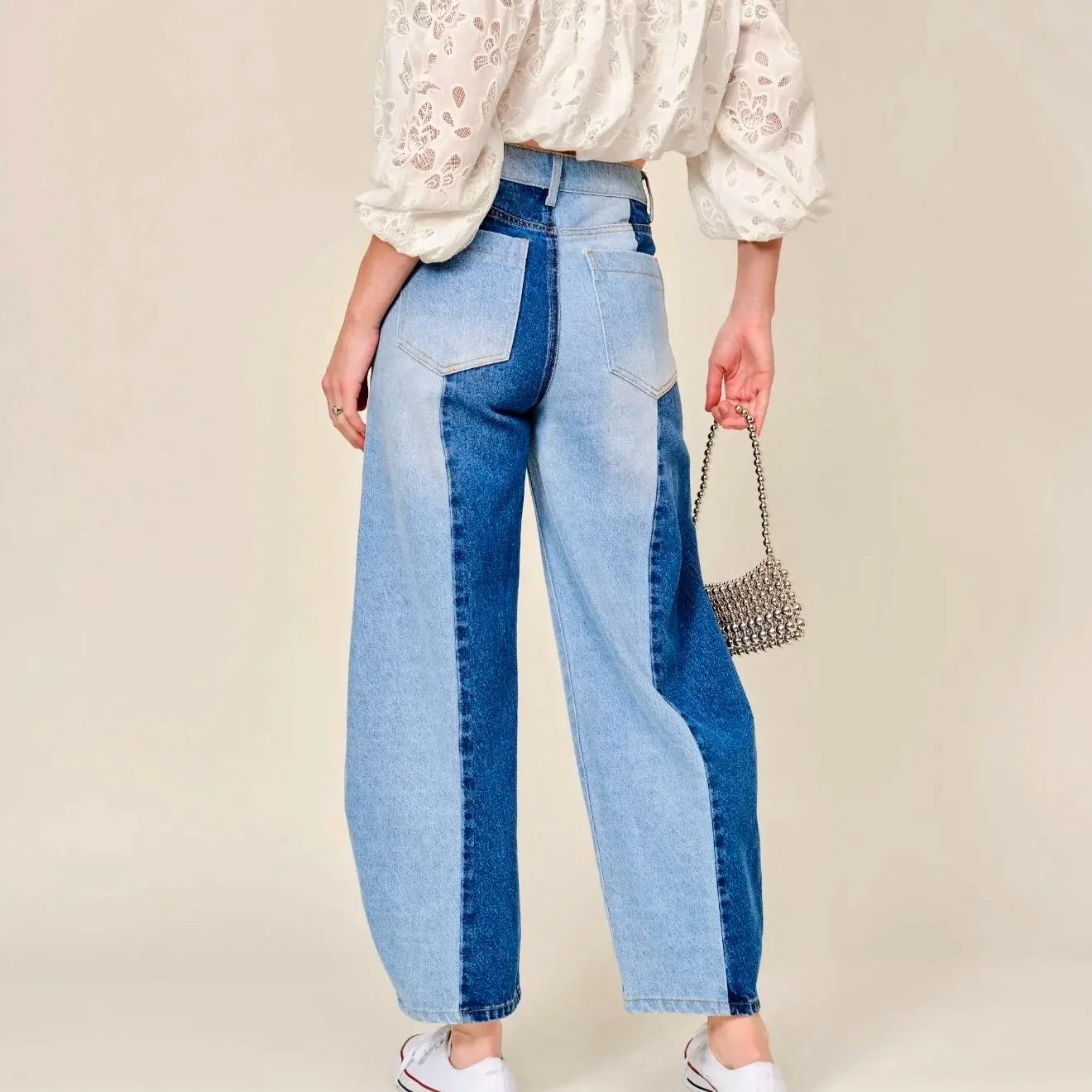 blue b - Contrast Panel Barrel Leg Jeans