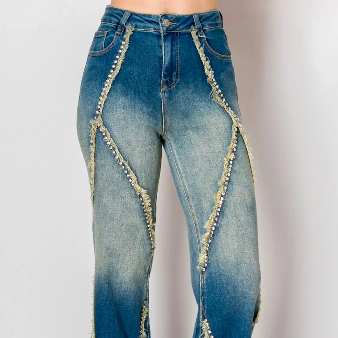 Nina Rossi Jeans - Embellished Nailhead Acid Wash Jeans
