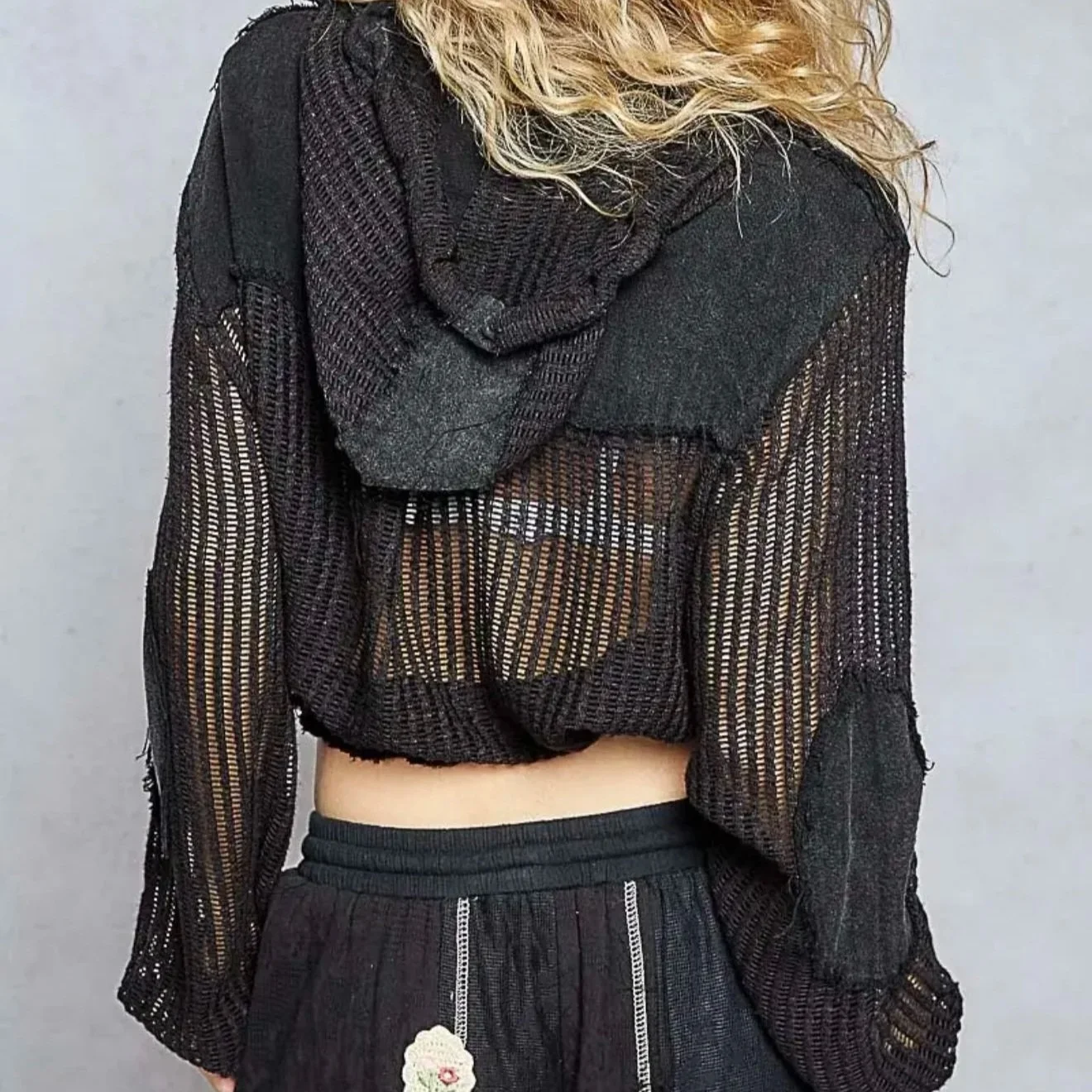 POL - Open Knit Button Down Pocket Front Hooded Shirt