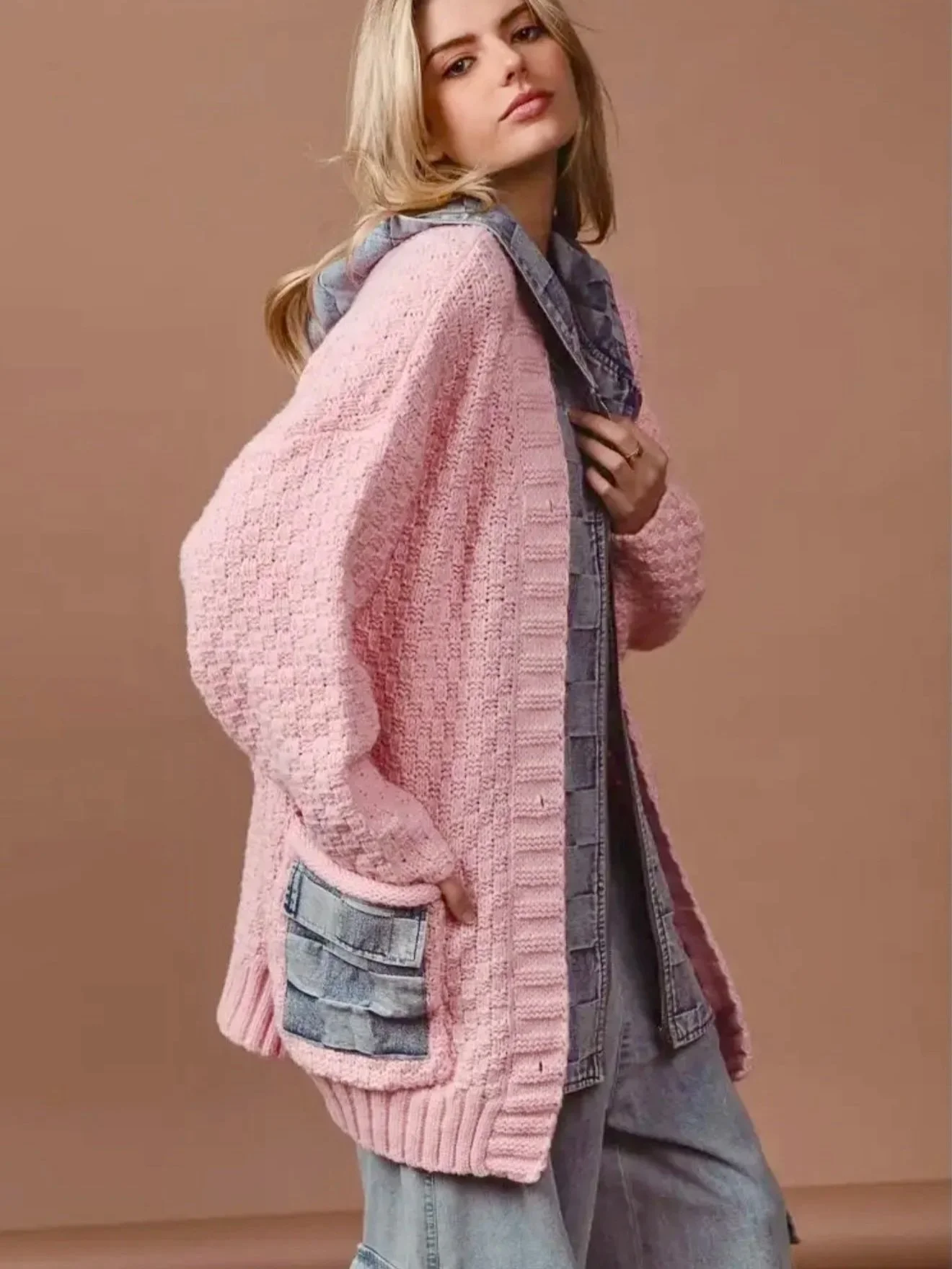 BiBi - Washed Checker Denim Zip Up Cardigan