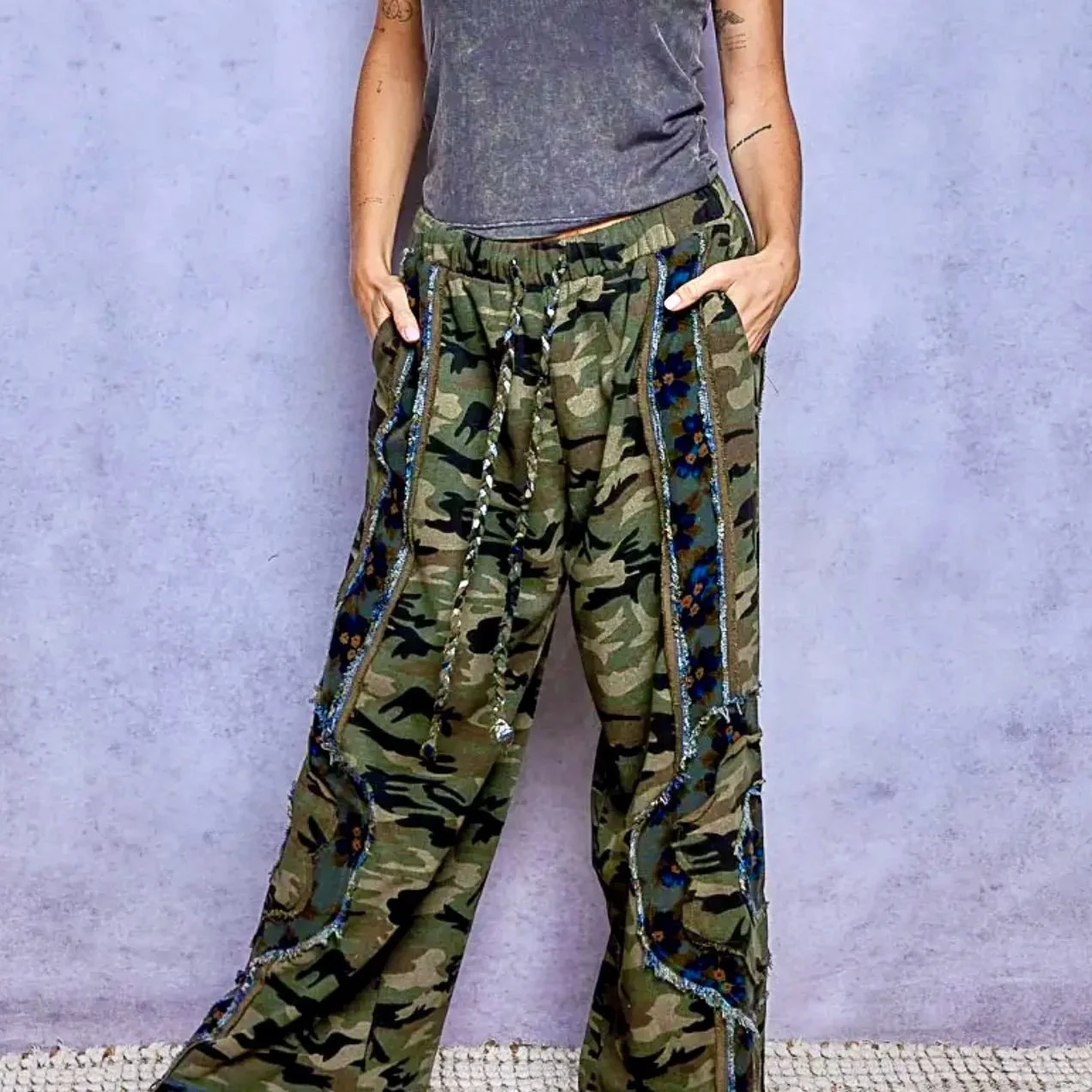POL - Vintage Camouflage Floral Patchwork Zip Hoodie & Frayed Wide Leg Pants Set