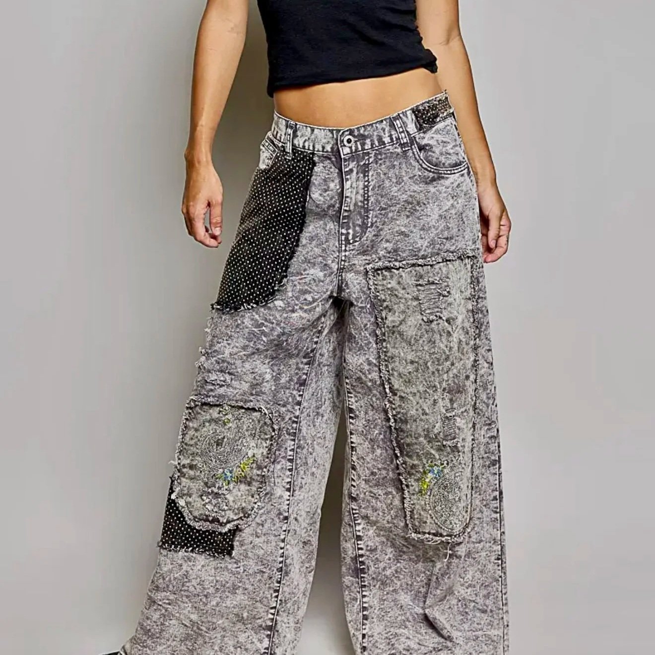 POL - Color Blocked Twill Back Elastic Band High Rise Wide Pants