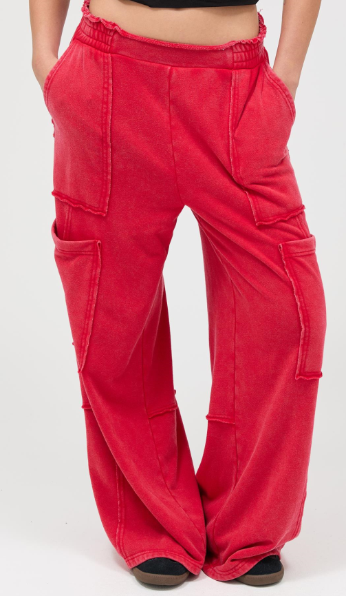Mineral Wash Wide Leg Cargo Pants - RED