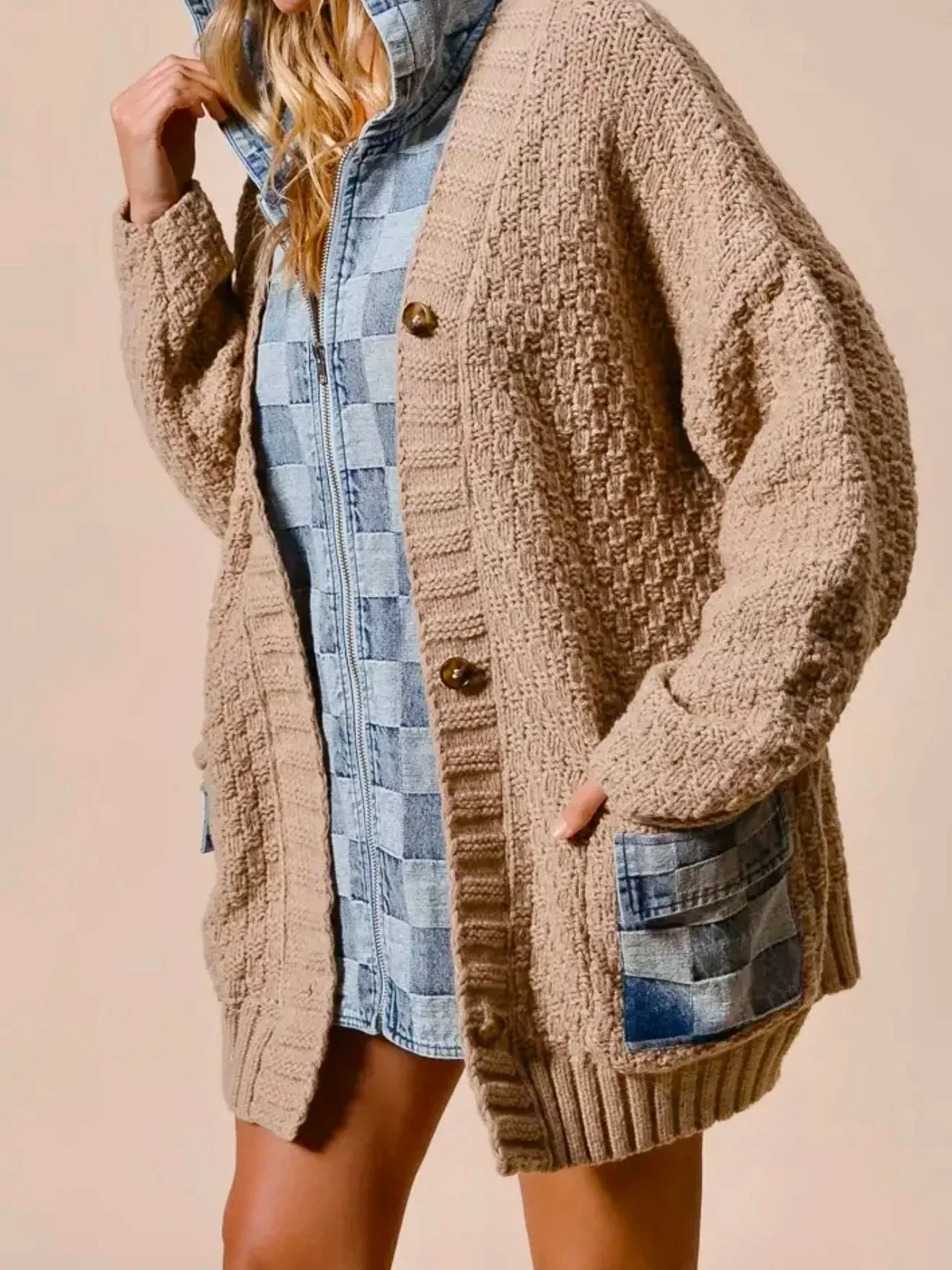 BiBi - Washed Checker Denim Zip Up Cardigan
