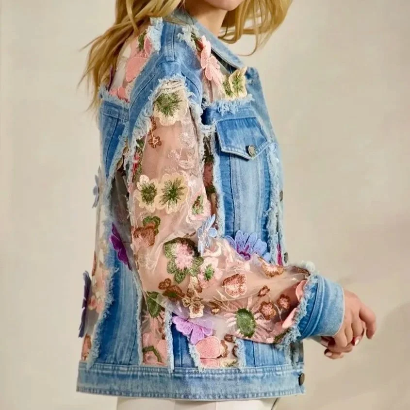Veveret - Denim Jacket with Floral Organza Inset