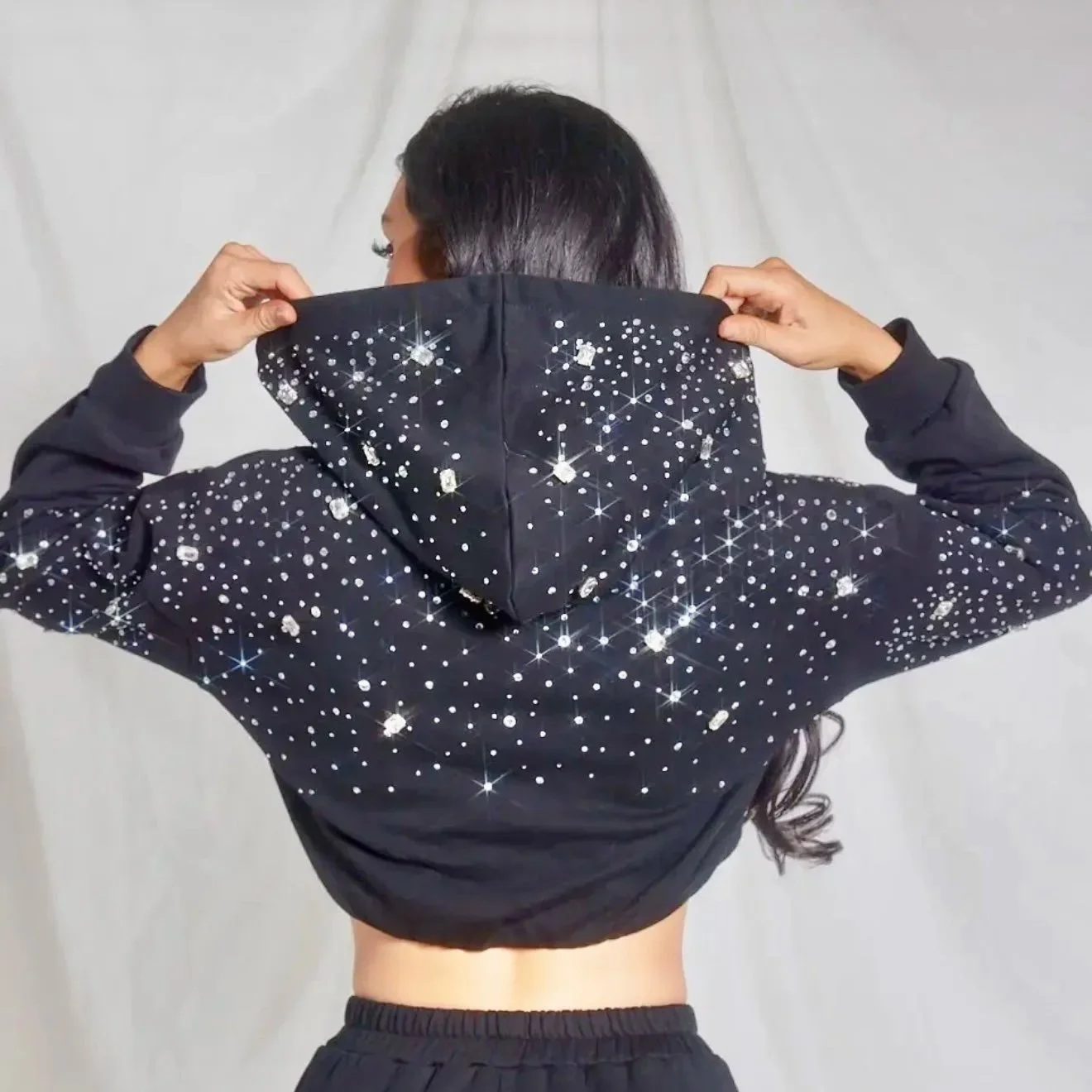 Crop Rhinestone Hoodie - Black