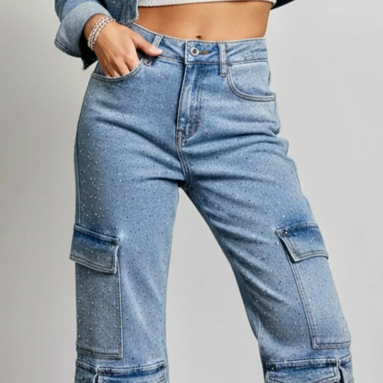 Nina Rossi Jeans - Full Stone Embellished Cargo Denim Pants