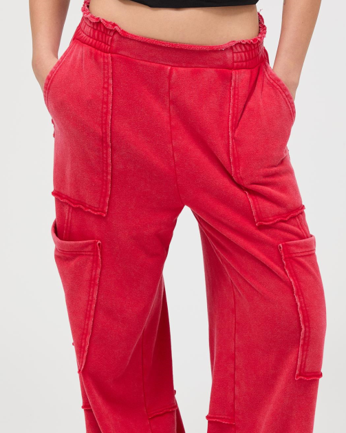 Mineral Wash Wide Leg Cargo Pants - RED