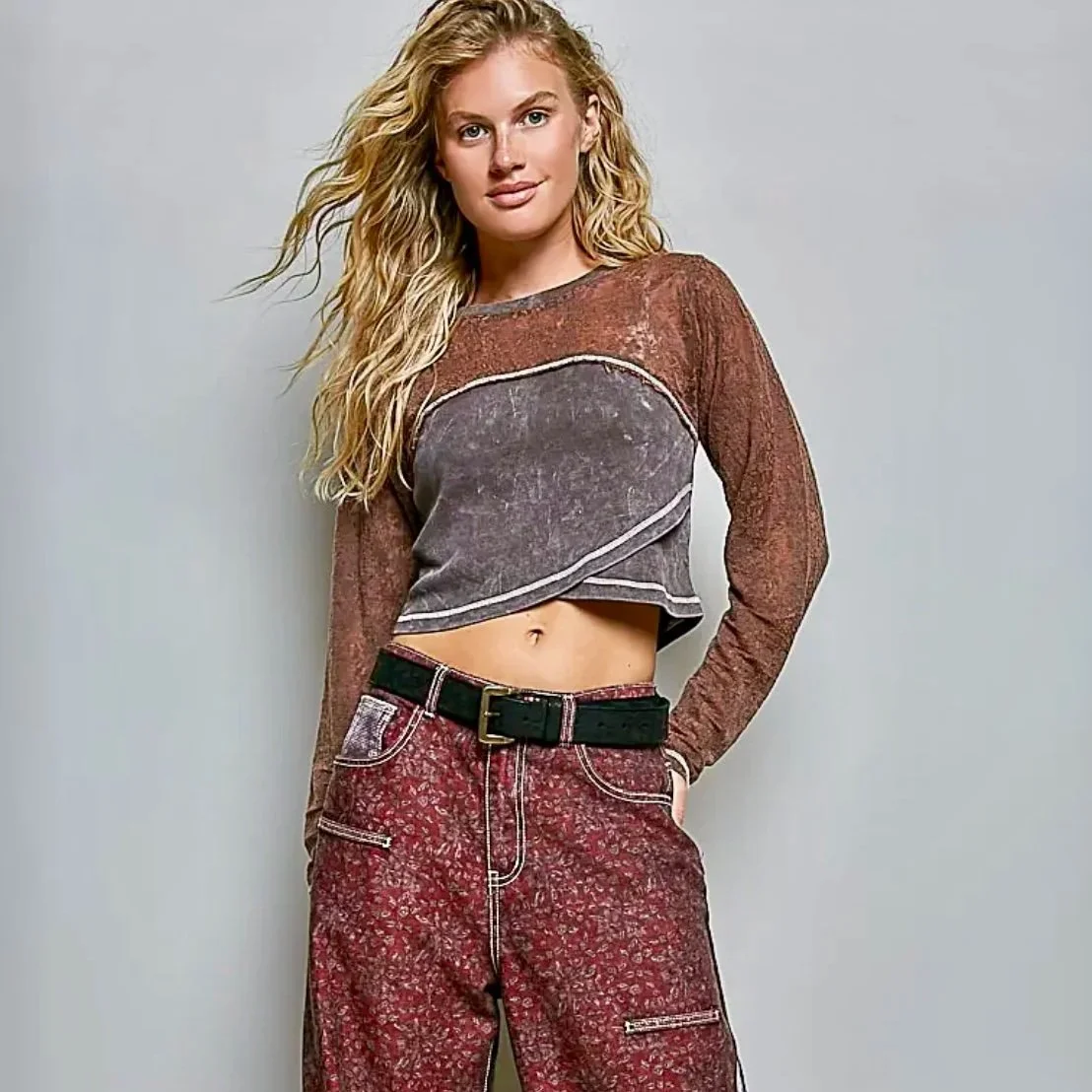 POL - Semi-Sheer Textured Lace Vintage-Wash Crop Rib Knit Top
