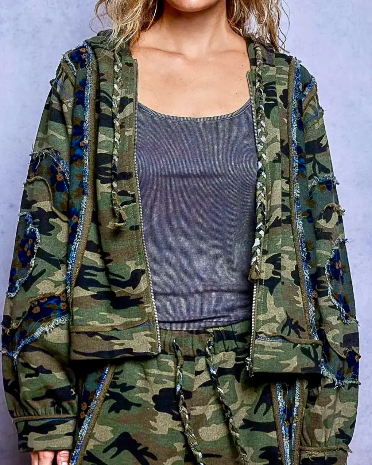 POL - Vintage Camouflage Floral Patchwork Zip Hoodie & Frayed Wide Leg Pants Set