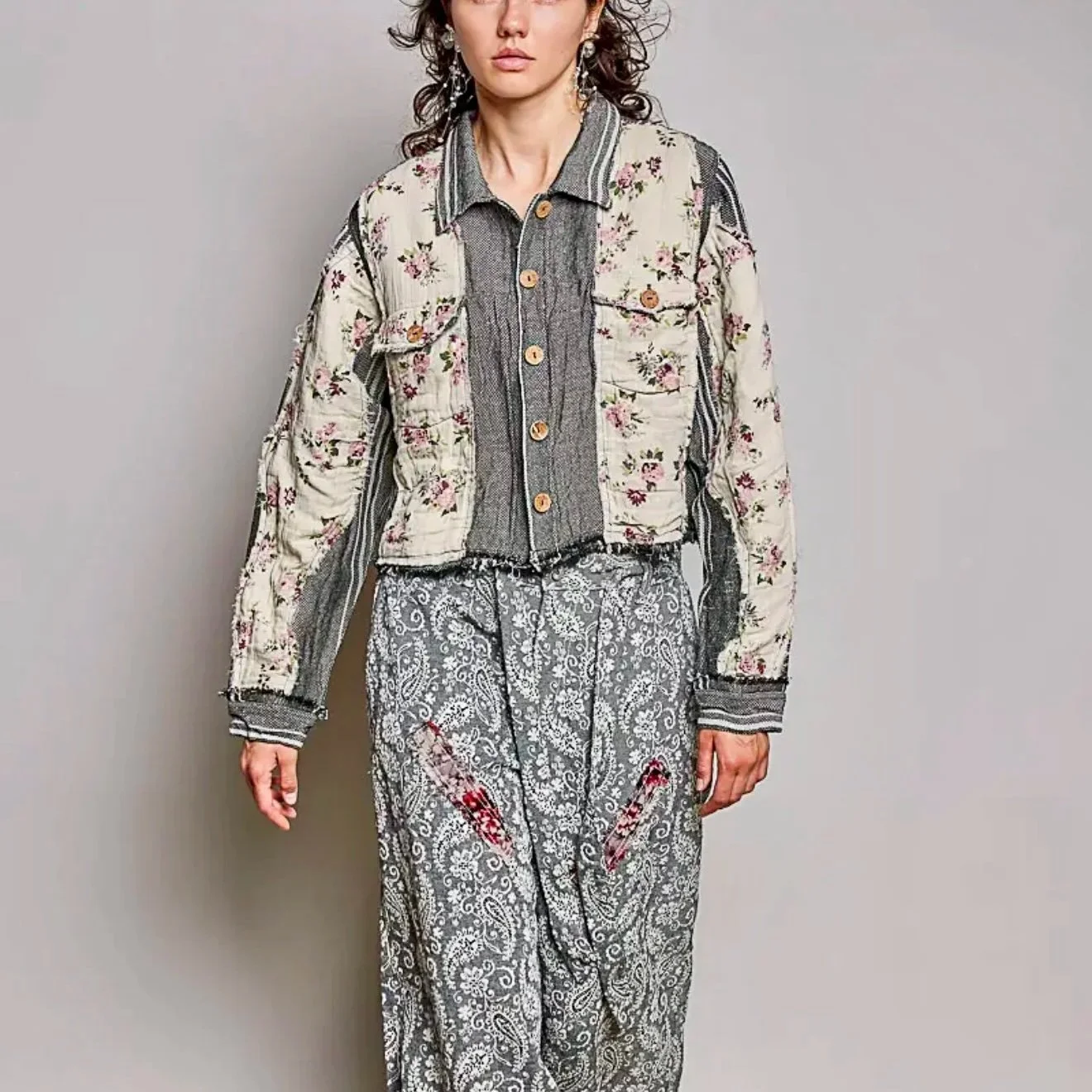 POL - Floral Patchwork Cropped Jacket