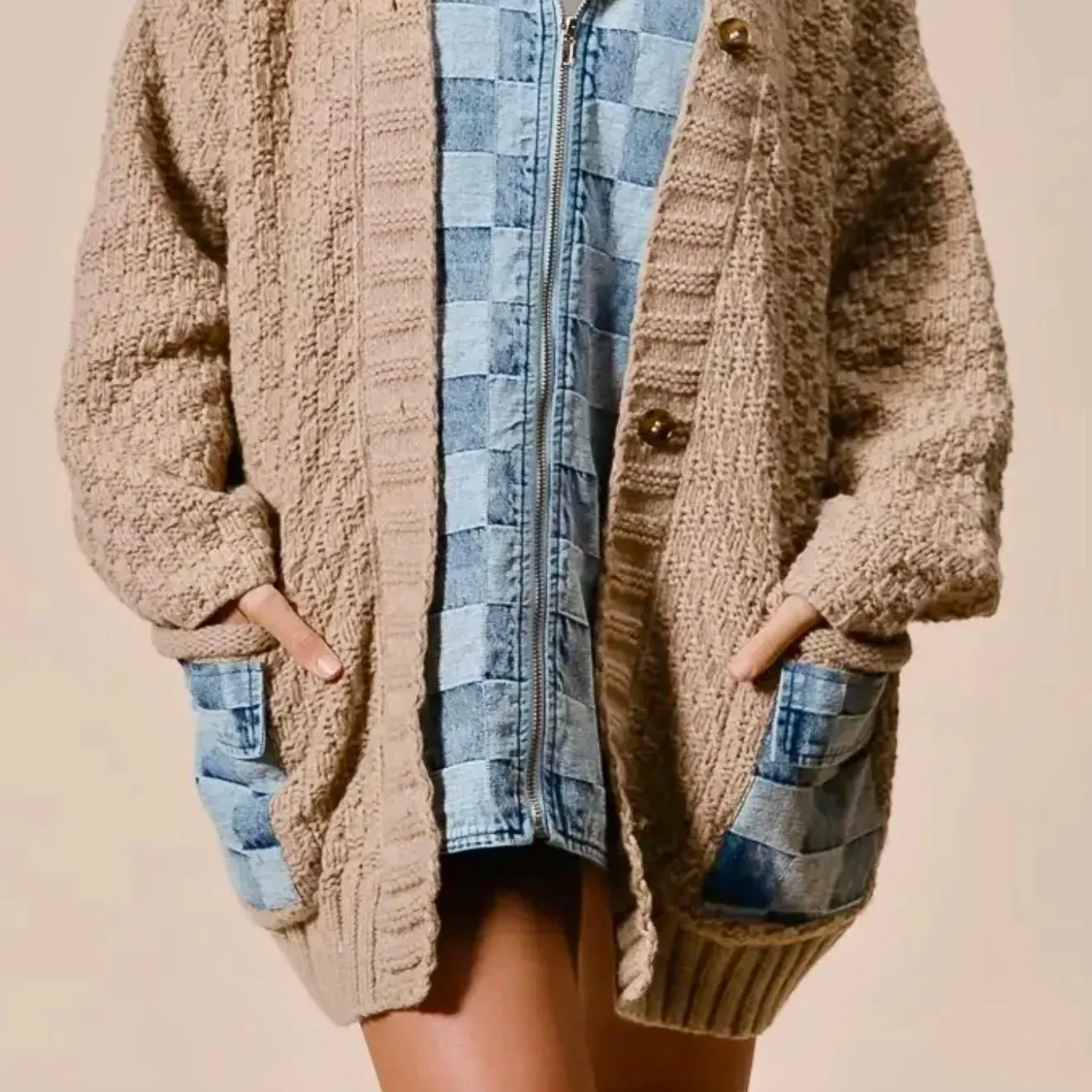 BiBi - Washed Checker Denim Zip Up Cardigan