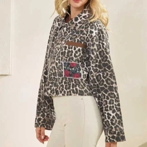 Veveret - Leopard & Rose Denim Jacket With Floral Contrast