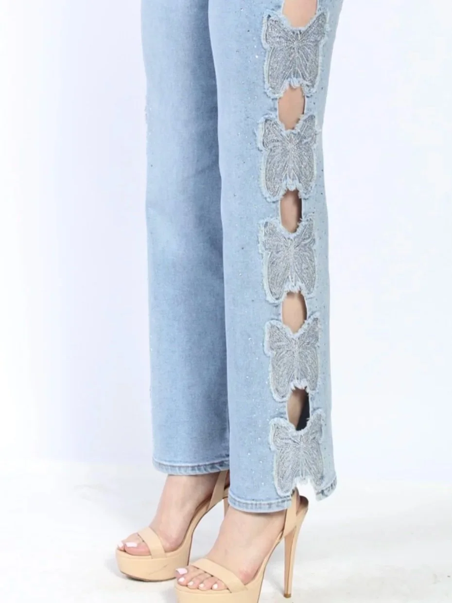 Nina Rossi Jeans - Butterfly Embellished Denim Jeans