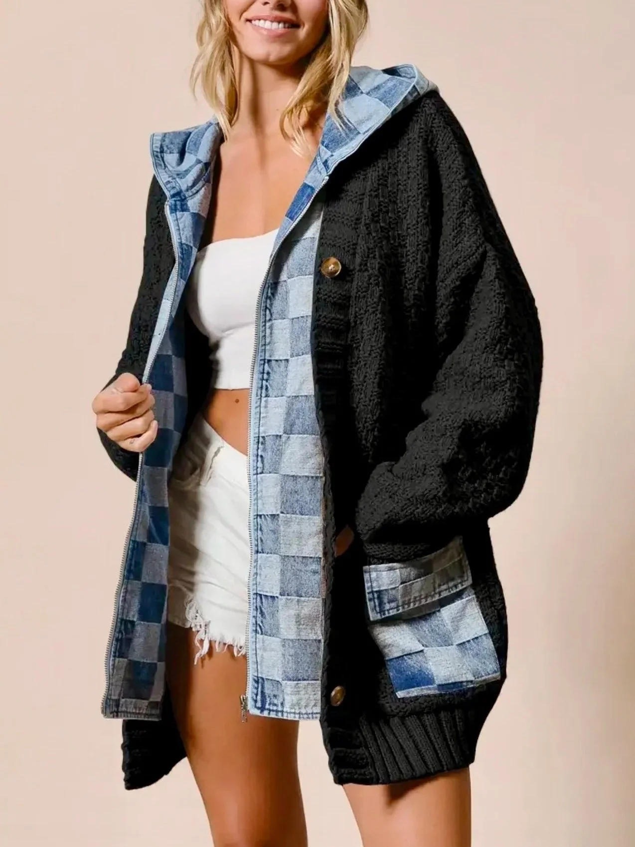 BiBi - Washed Checker Denim Zip Up Cardigan