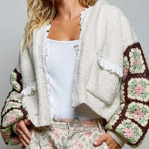 POL- Granny Square Crochet Sleeve Berber Knit Hooded Cardigan