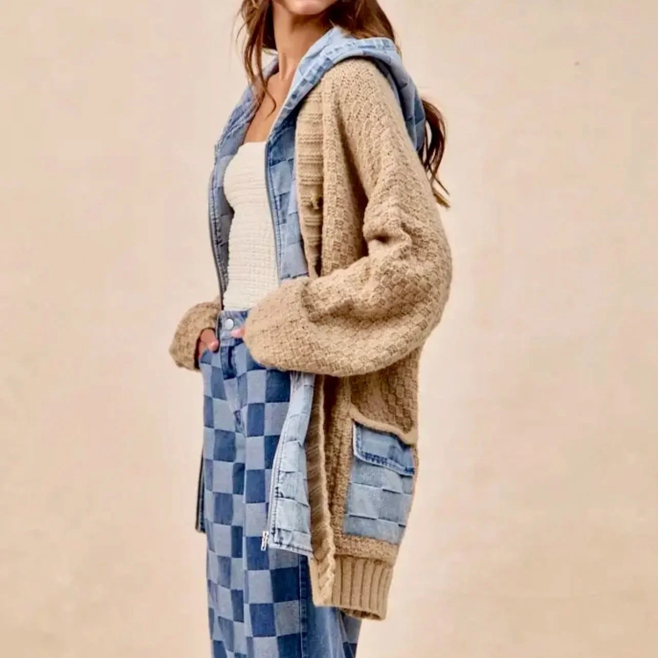 BiBi - Washed Checker Denim Zip Up Cardigan