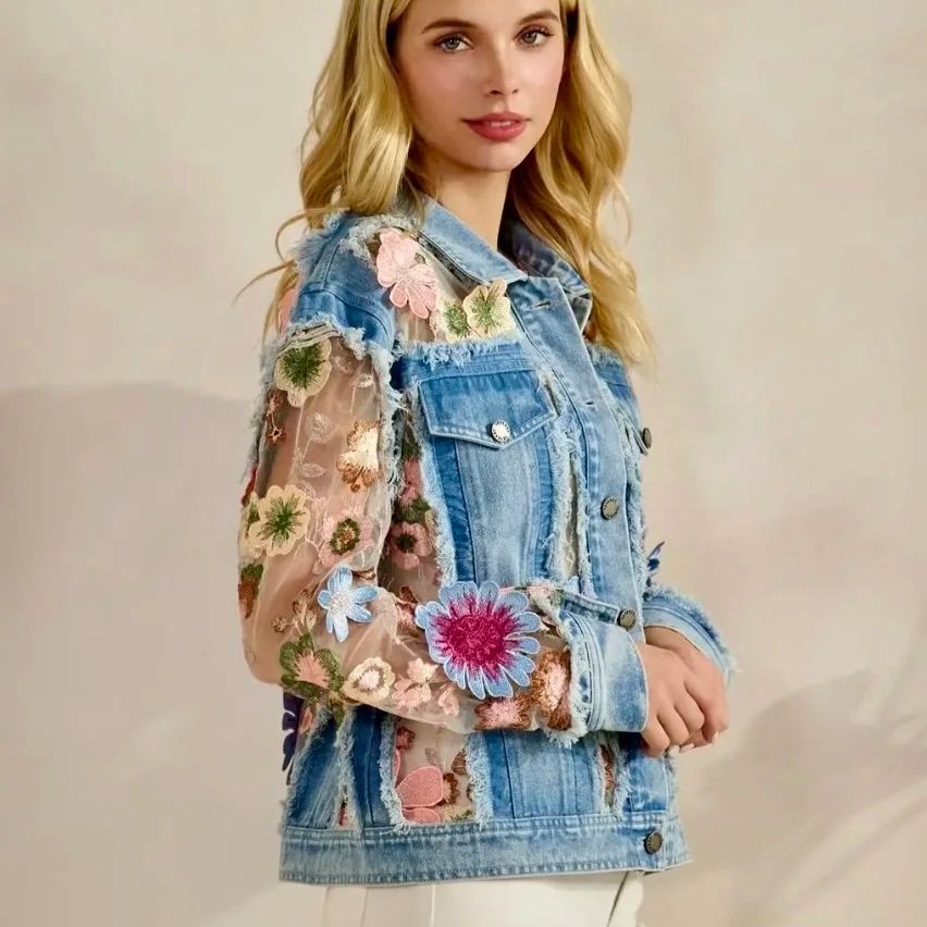Veveret - Denim Jacket with Floral Organza Inset