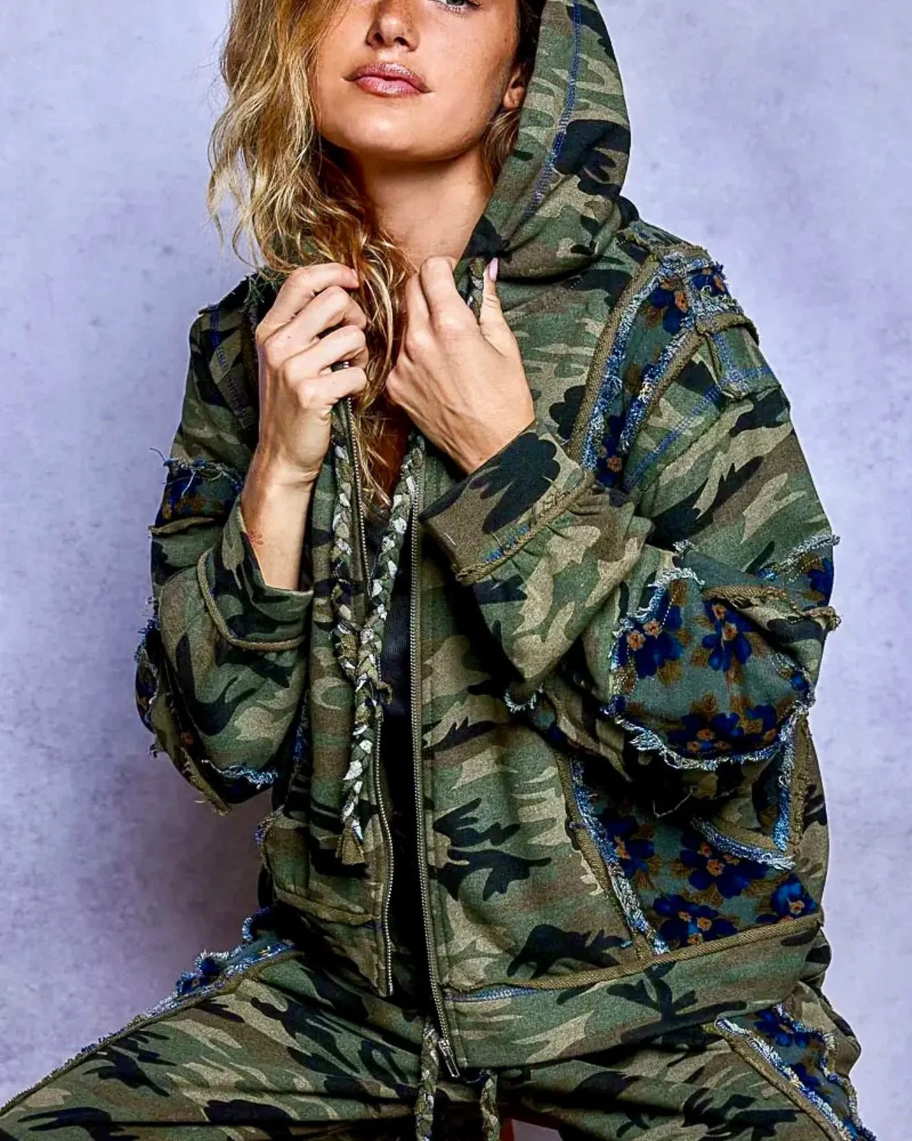 POL - Vintage Camouflage Floral Patchwork Zip Hoodie & Frayed Wide Leg Pants Set