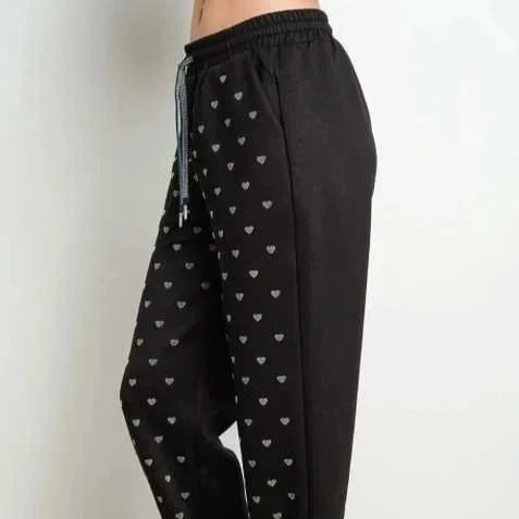 Kiwi - Rhinestone Hearts Elastic Waist Sweatpants Joggers